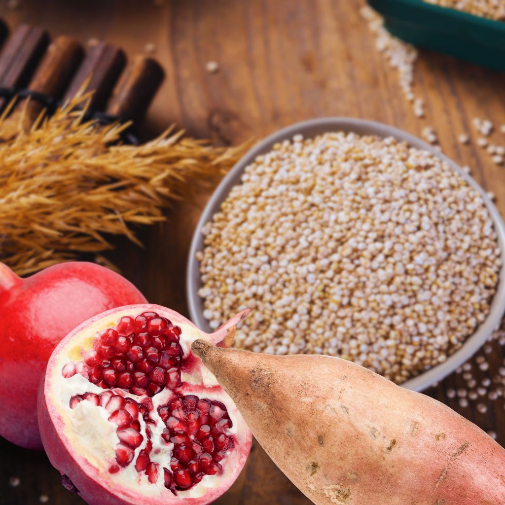 Quinoa, sweet potatoes, pomegranate